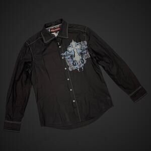 House Of Lords Long Sleeve Shirt Large Black Blue Thick Stitch Cross Sewn